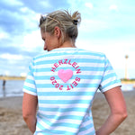 Herzlein® T-Shirt für Damen mit Flausch-Stick "LOVE" Damenshirt aus Baumwolle in hellblau und weiss gestreift mit Streifen