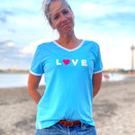 Herzlein® T-Shirt für Damen mit Flausch-Stick "LOVE" Damenshirt aus Baumwolle in Blau Hellblau