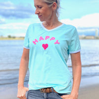 Herzlein® T-Shirt für Damen mit Flausch-Stick "HAPPY" Damenshirt aus Baumwolle in Mint Grün