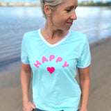 Herzlein® T-Shirt für Damen mit Flausch-Stick "HAPPY" Damenshirt aus Baumwolle in Mint Grün