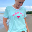 Herzlein® T-Shirt für Damen mit Flausch-Stick "HAPPY" Damenshirt aus Baumwolle in Mint Grün