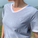 Herzlein® T-Shirt "Louisa" Shirt für Damen aus Baumwolle Damenshirt mit Herzchen Stick in Hellgrau Weiss meliert