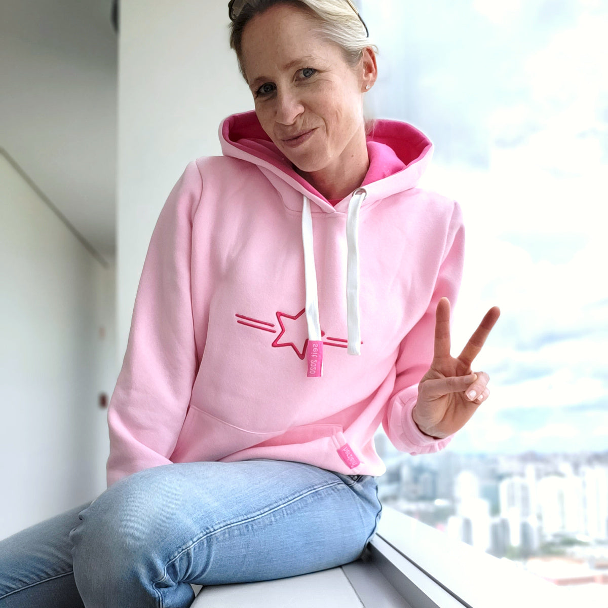 Herzlein® Hoodie in Rosa - STAR Kapuzenpulli Kapuzenpullover Baumwolle für Damen