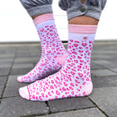 Herzlein Socken für Damen mit Leopard Leo Print Muster in Pink Rosa und Weiss Baumwolle