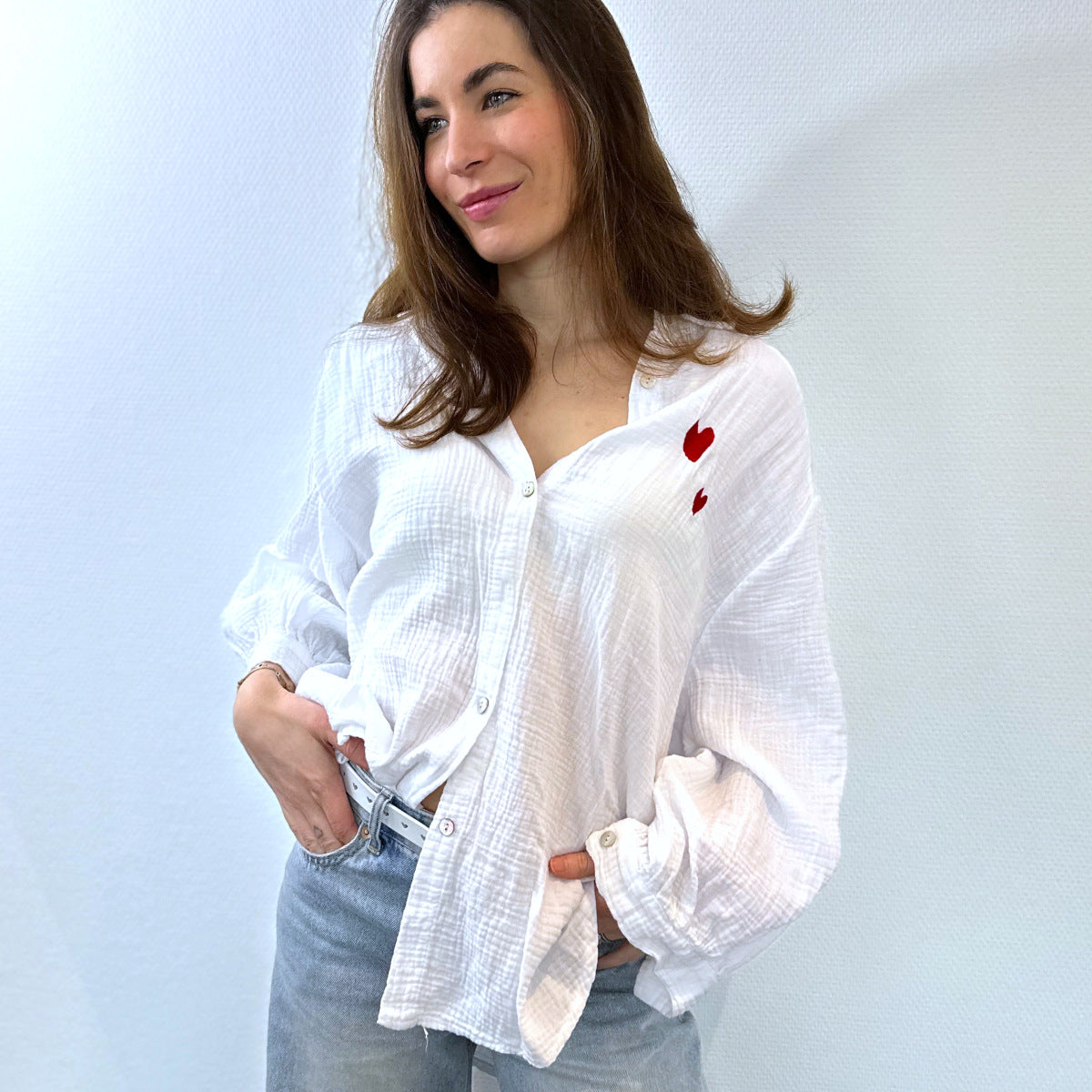 Herzlein Musselin Blouse Shirt Baumwolle Weiss für Damen