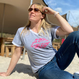 Herzlein® T-Shirt "Leo Lips" in Hellgrau Grau Weiss meliert mit Pink aus Baumwolle Shirt für Damen