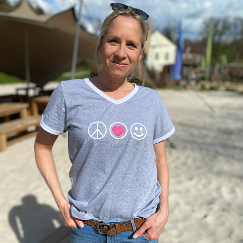Herzlein® T-Shirt "Peace" in Hellgrau Grau Weiss meliert mit Pink aus Baumwolle Shirt für Damen