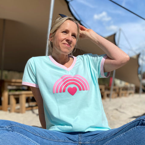 Herzlein® T-Shirt "Rainbow" in Mint Hellgrün mit Pink aus Baumwolle Shirt für Damen